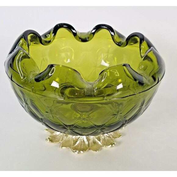 VTG Indiana Glass Avocado Green Crimped Edge Diamond Duette Bowl MCM Pineapple - Picture 9 of 9